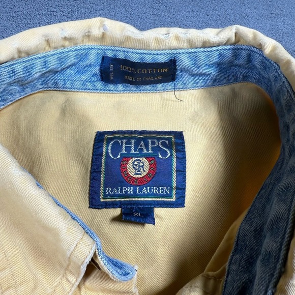 Chaps Ralph Lauren Button Up Shirt Mens Vintage XL Yellow Crest Logo Long Sleeve - Picture 11 of 16